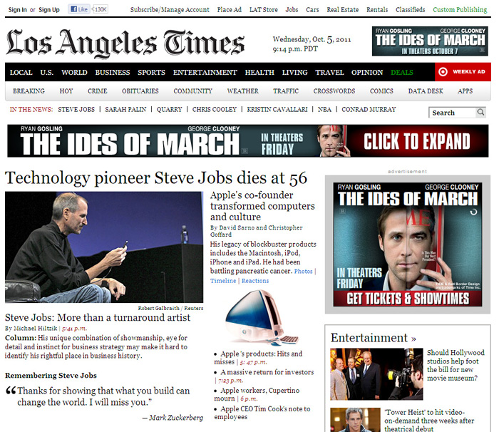 Los Angeles Times on Steve Jobs Oct 5, 2011 - 1955 - 2011