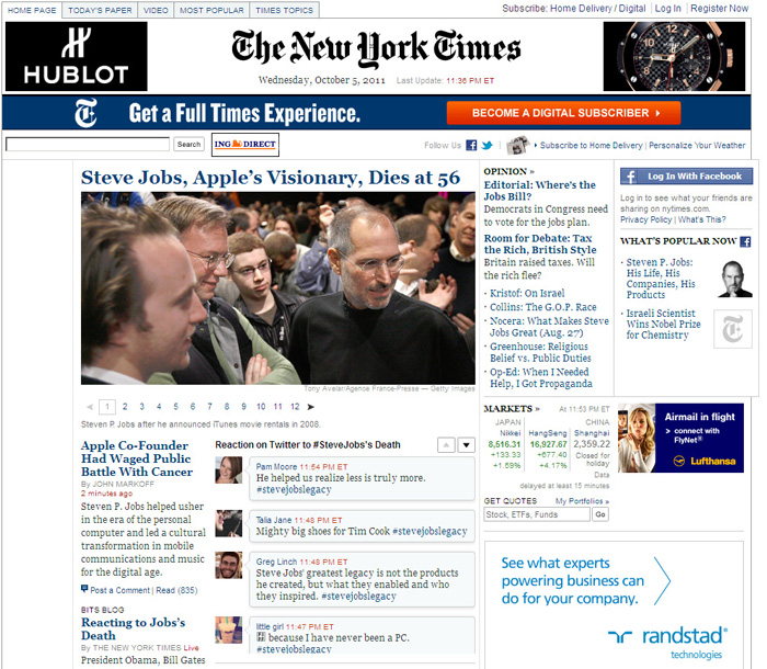 New York Times on Steve Jobs Oct 5, 2011 - 1955 - 2011