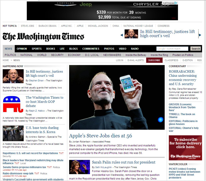 Washington Times - Steve Jobs 1955 - 2011