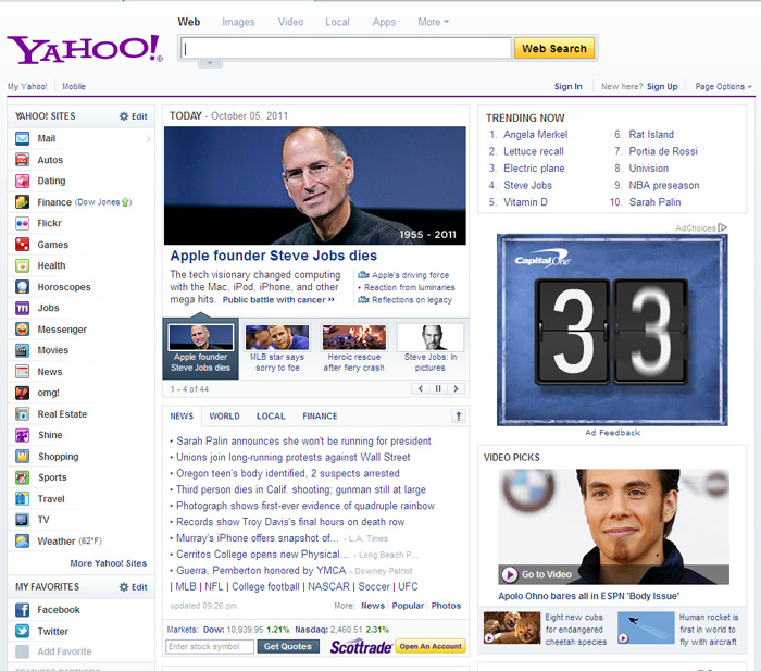 Yahoo Home Page - Steve Jobs 1955 - 2011